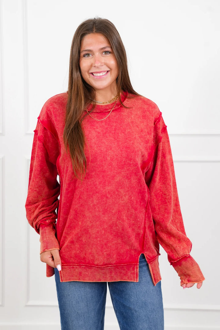 Zen Acid Wash Cotton Sweatshirt (Dark Red)
