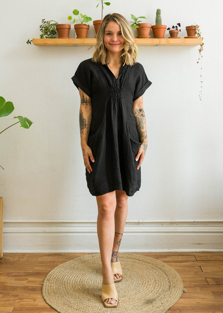 Black 100% linen dress with pockets from Vibe Apparel Canada
