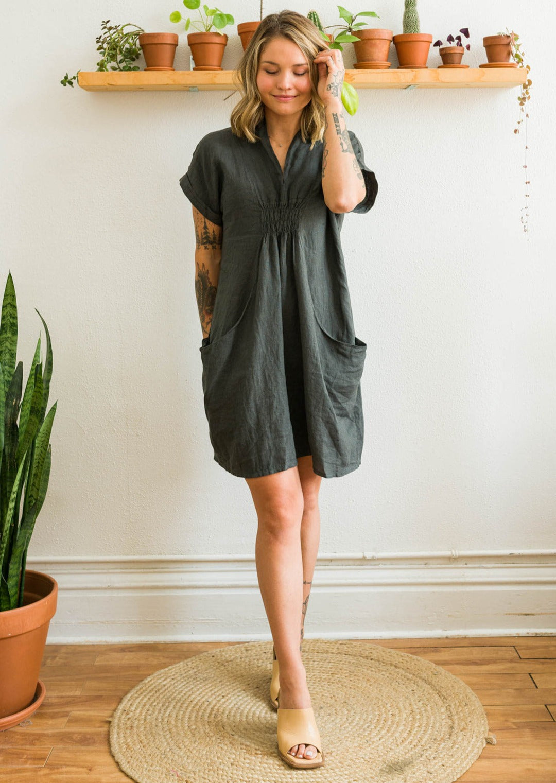 Charcoal linen Summer dress with side pockets
