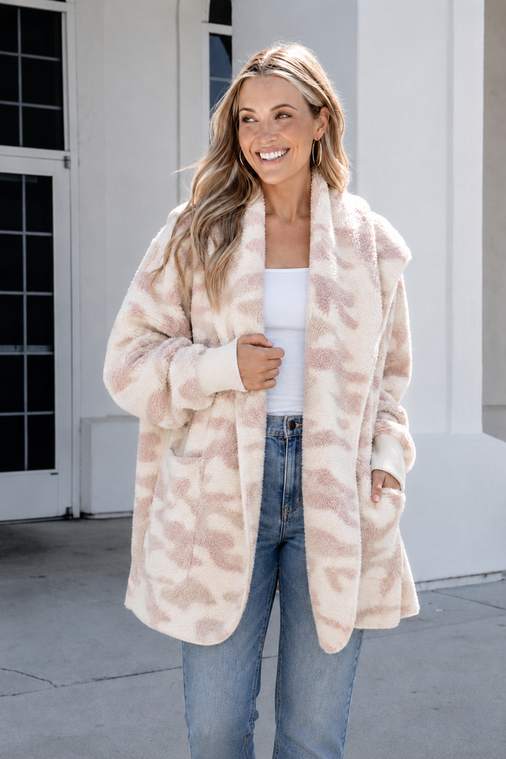 Teddy Bear Plush Cardigan (Dusty Mauve Camo)