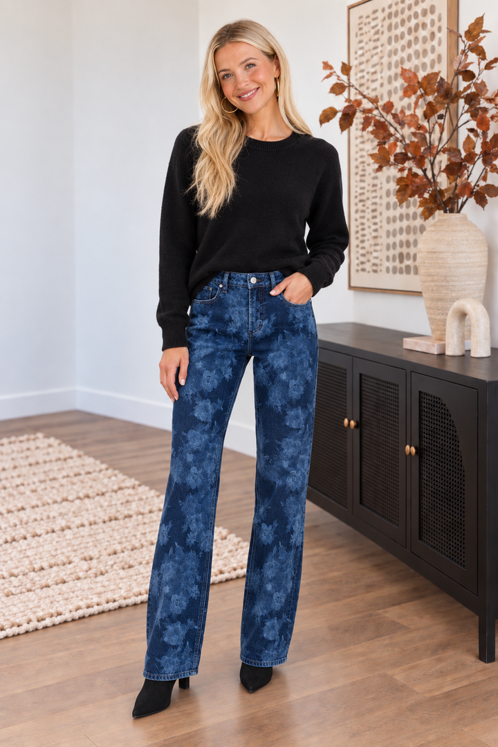 Silver Avery Straight Leg Floral Jean