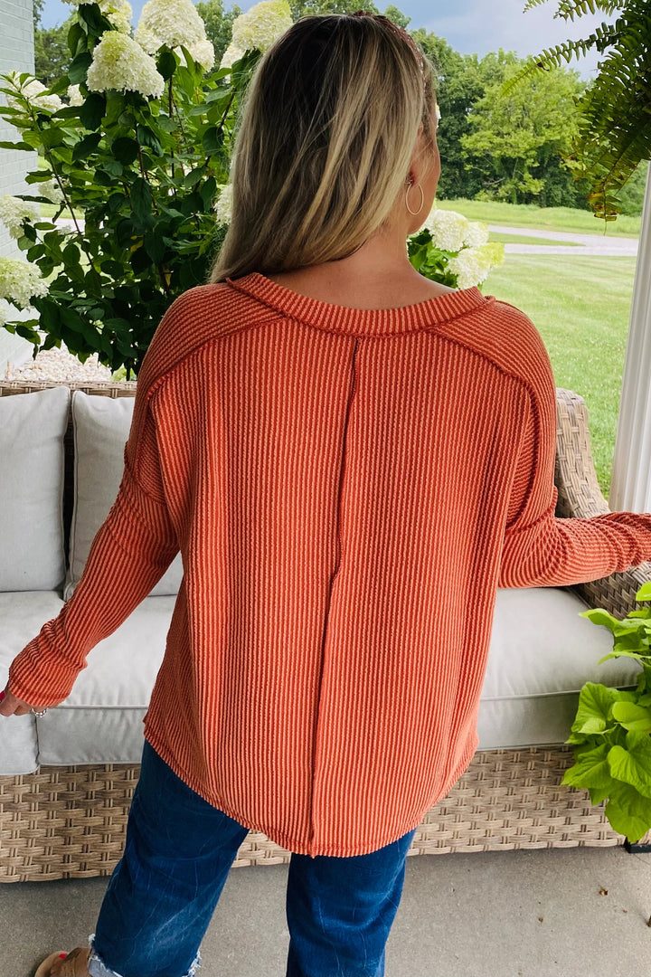 Zen Ribbed Long Sleeve Top (Burnt Orange)