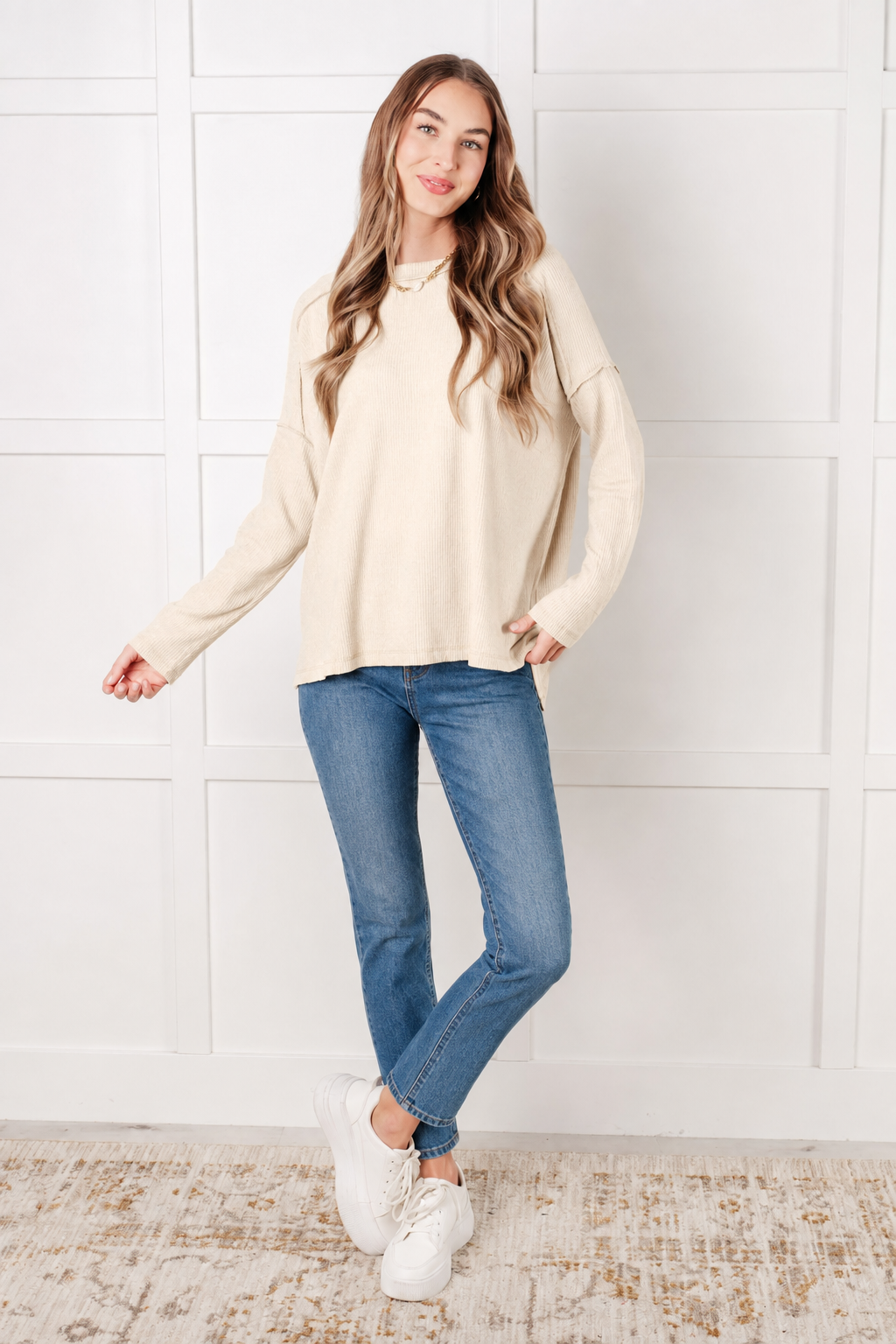 Zen Brushed High-Low Sweater (Sand Beige)