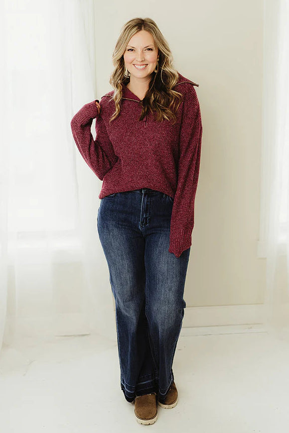 Zen Oxford Knit Zip Sweater (Cabernet)