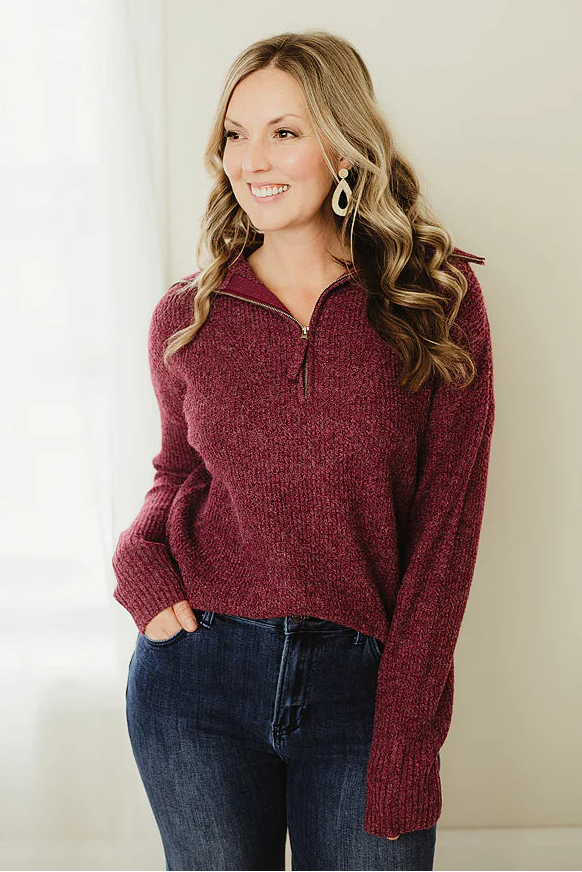 Zen Oxford Knit Zip Sweater (Cabernet)