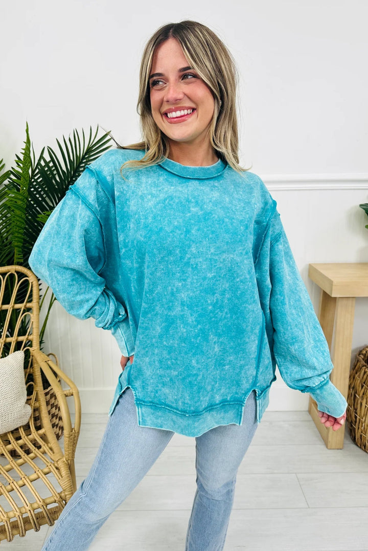 Zen Acid Wash Cotton Sweatshirt (Light Teal)