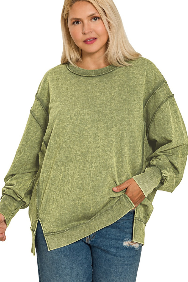 Zen Acid Wash Cotton Sweatshirt (Light Olive)