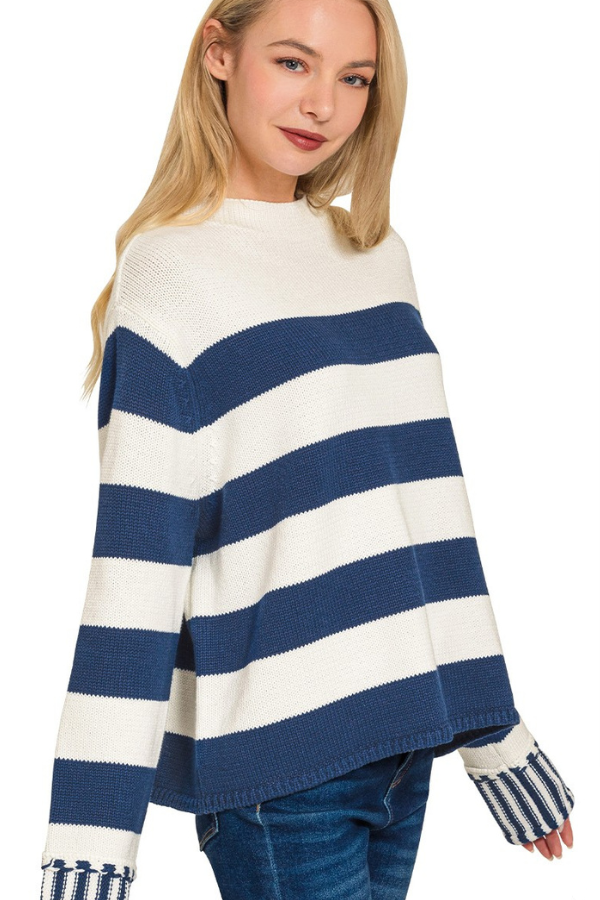 Zen Striped Cotton Sweater (Light Navy)
