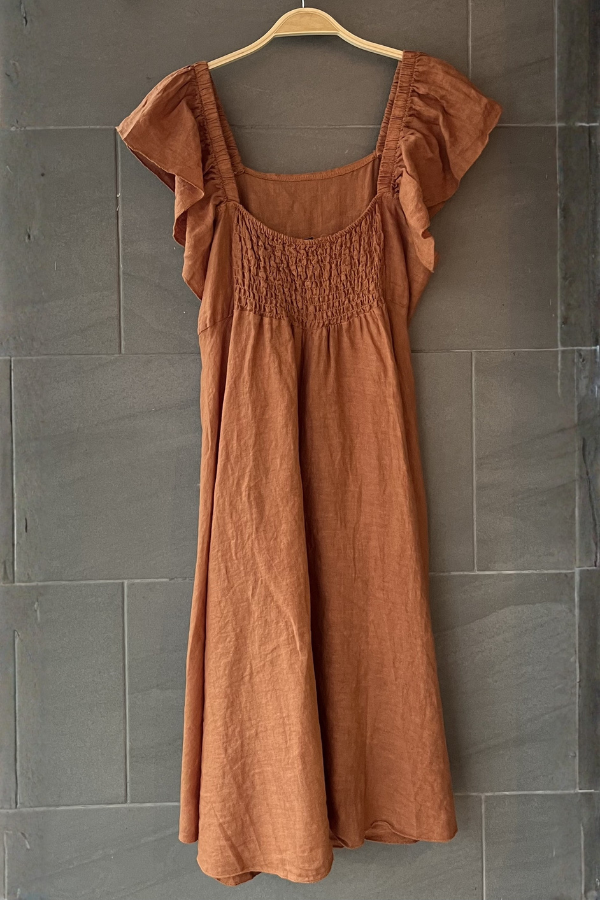 Meo Linen Flutter Dress (Saddle Brown)
