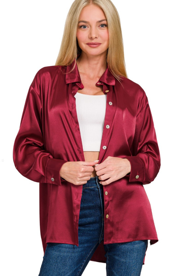 Zen Satin Button Down Shirt (Burgundy)