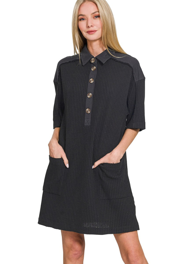 Zen Waffle Button Dress (Black)