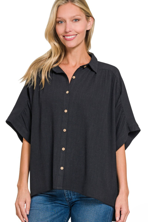 Zen Linen Blend Collared Tee (Black)