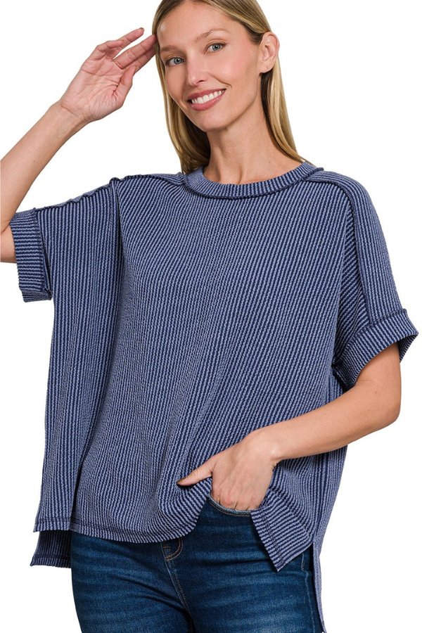 Zen Rib Round Neck Hi-Low Tee (Navy)
