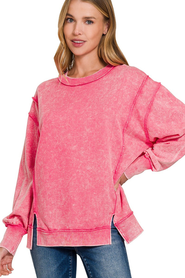 Zen Acid Wash Cotton Sweatshirt (Fuchsia)