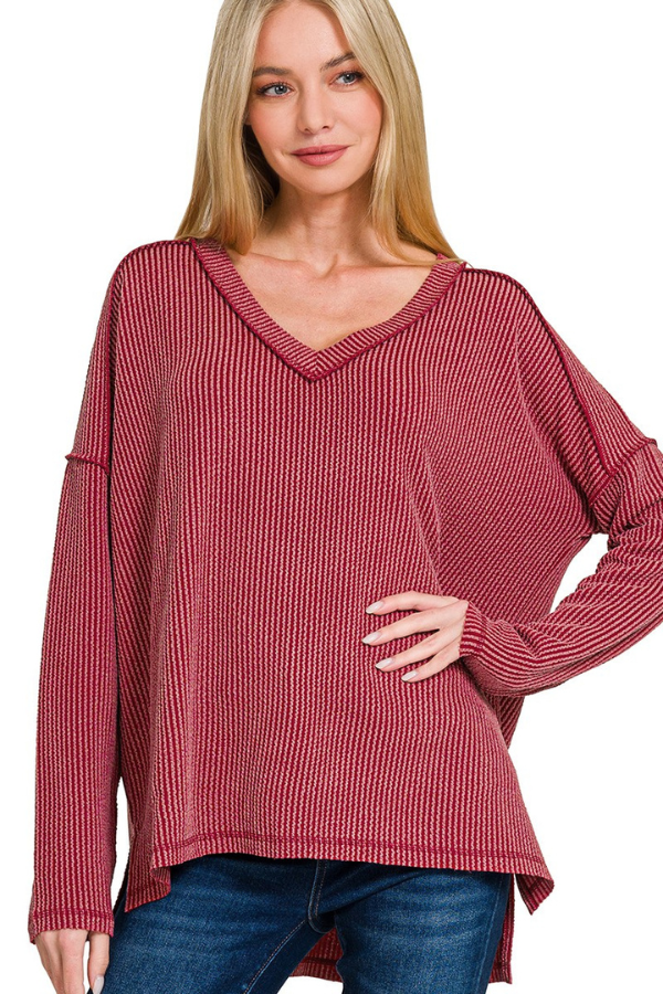 Zen Ribbed Long Sleeve Top (Burgundy)