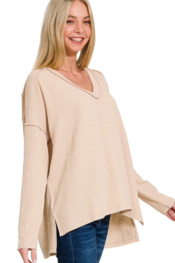 Zen Ribbed Long Sleeve Top (Sand Beige)