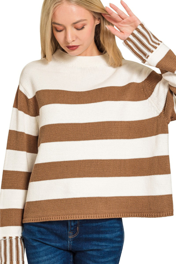 Zen Striped Cotton Sweater (Deep Camel)
