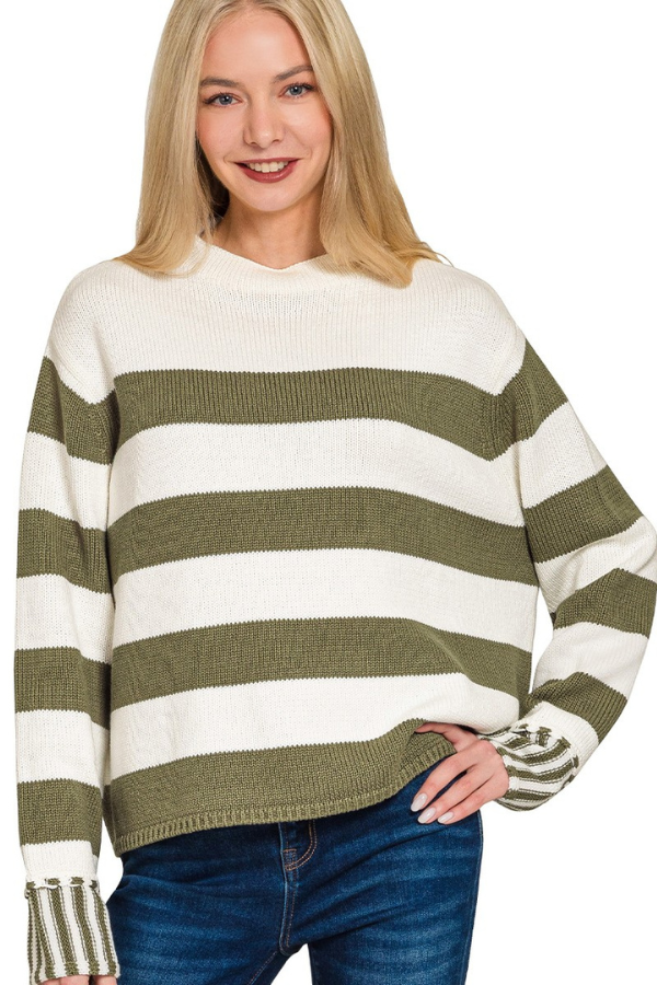 Zen Striped Cotton Sweater (Light Olive)