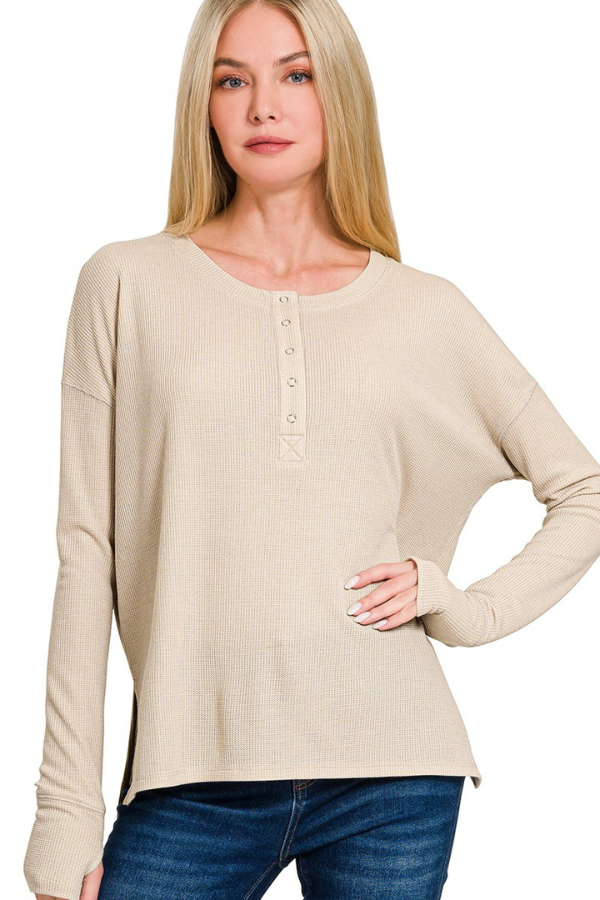 Zen Waffle Henley Top (Sand Beige)