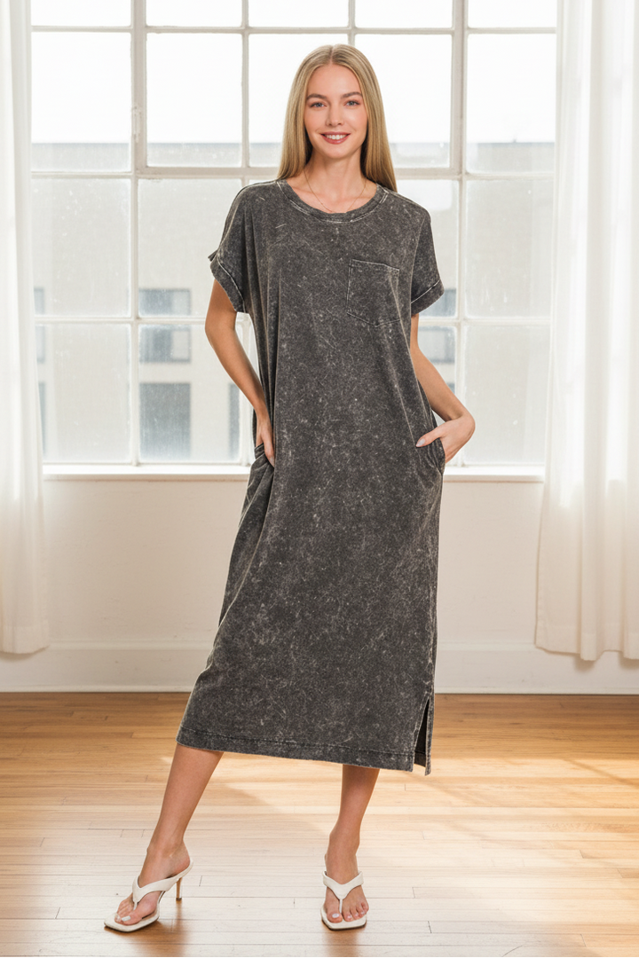 Zen Cotton T-Shirt Midi Dress (Ash Black)