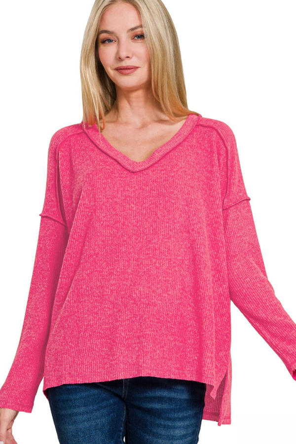 Zen Brushed V Neck Sweater (Fuchsia)