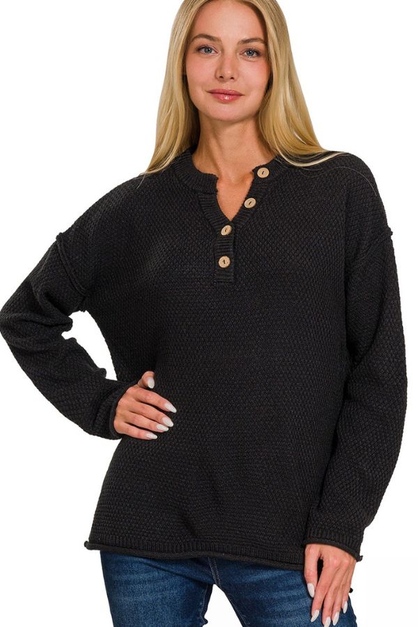 Zen Henley Waffle Sweater Black