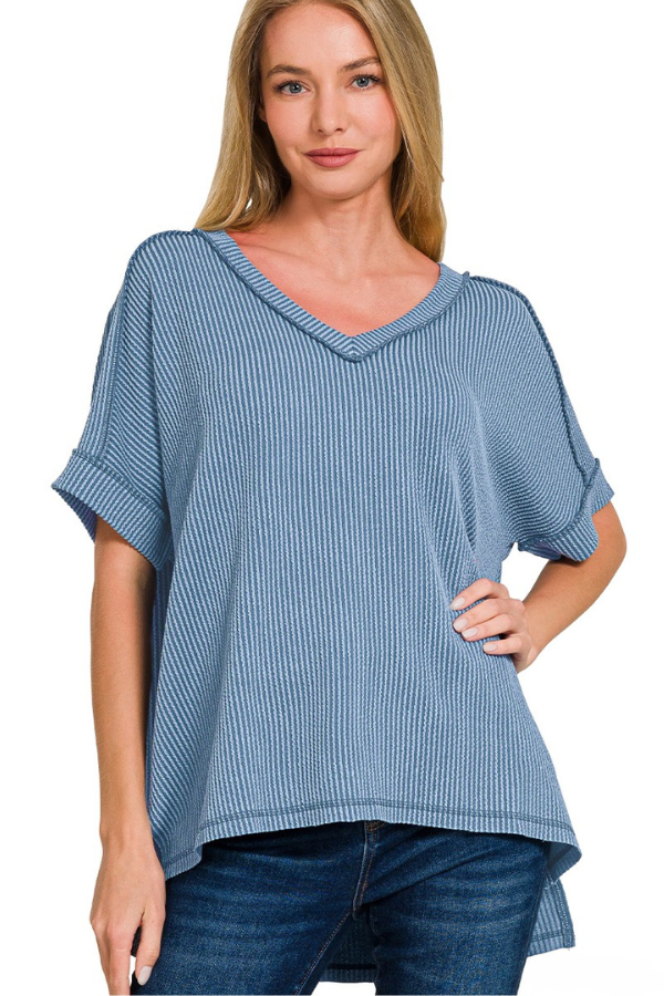 Zen Rib V Neck Hi-Low Tee (Dusty Blue)