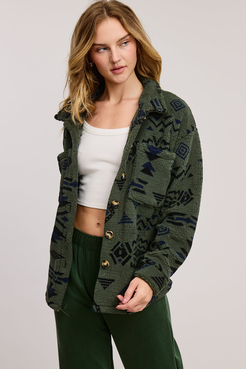 Jolie Sherpa Aztec Jacket (Olive)