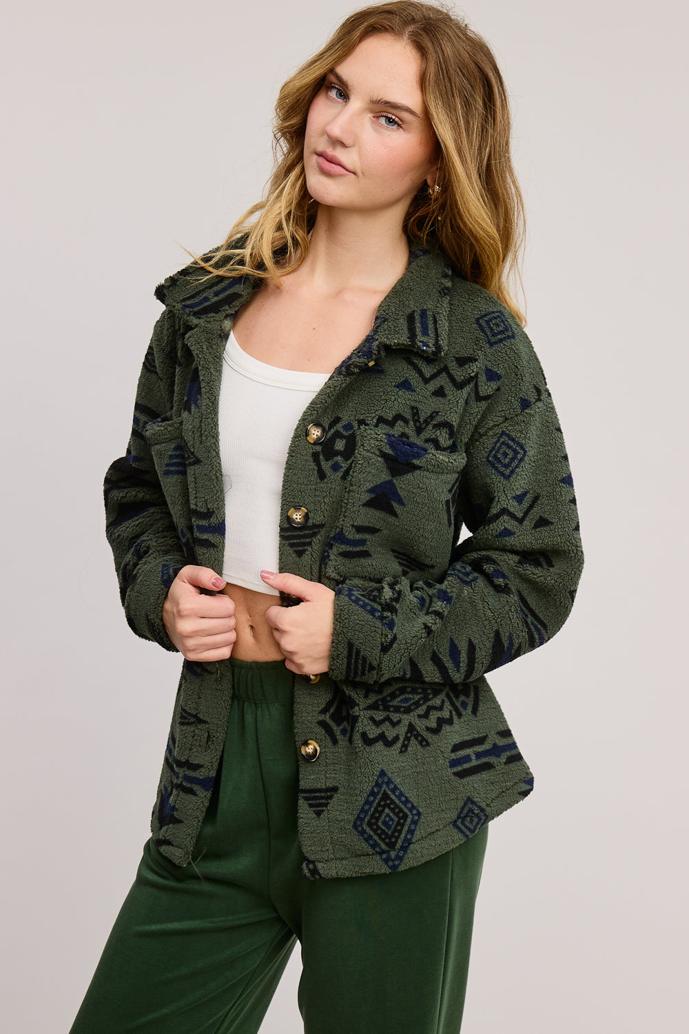 Jolie Sherpa Aztec Jacket (Olive)