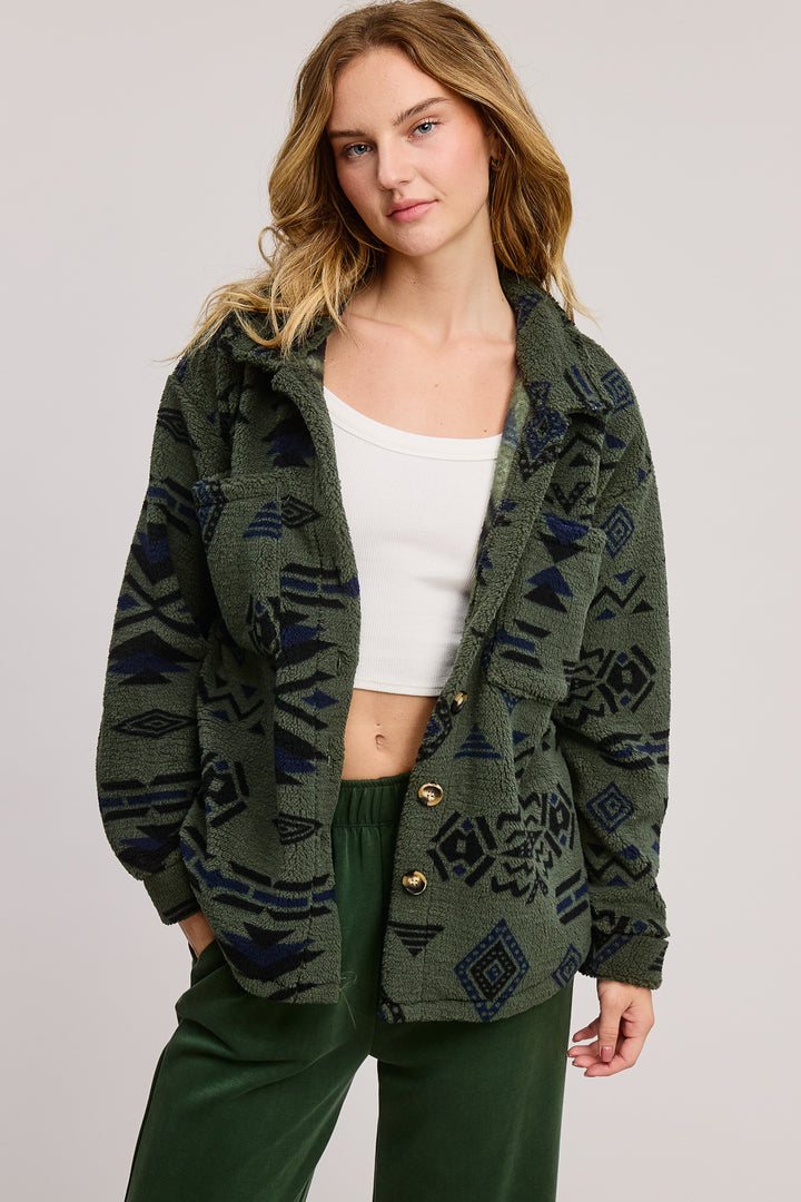 Jolie Sherpa Aztec Jacket (Olive)