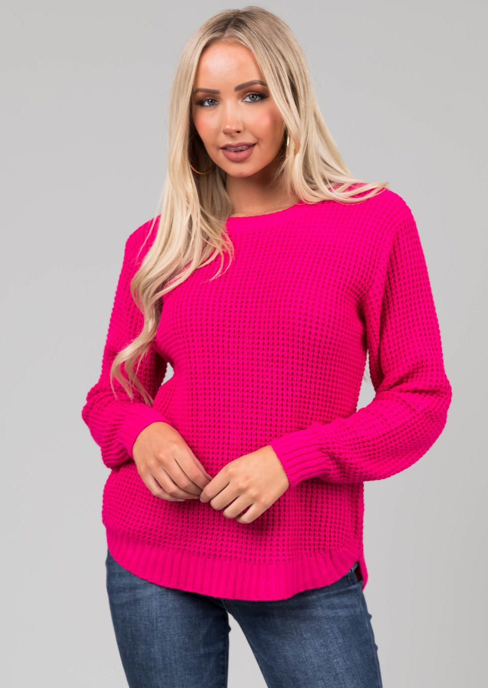 Zen Waffle Knit Sweater (Hot Pink)
