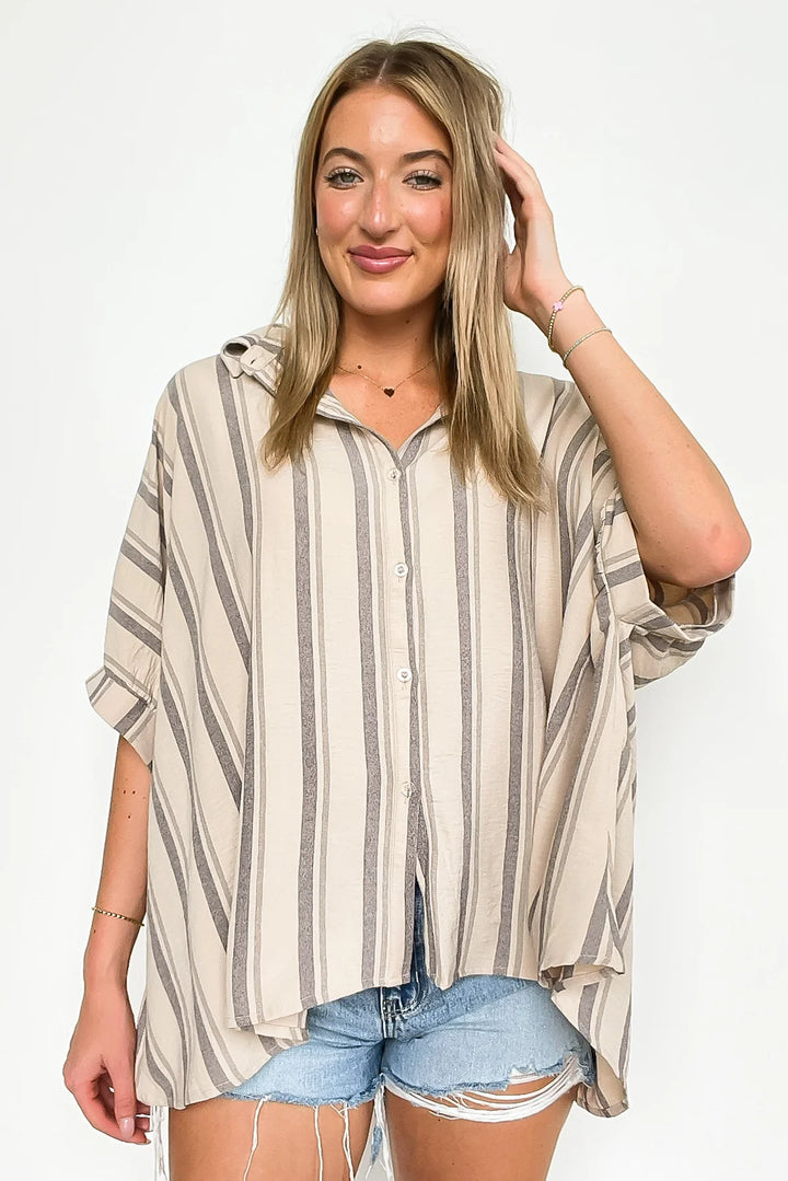 Zen Striped Button Down Tee (Taupe)