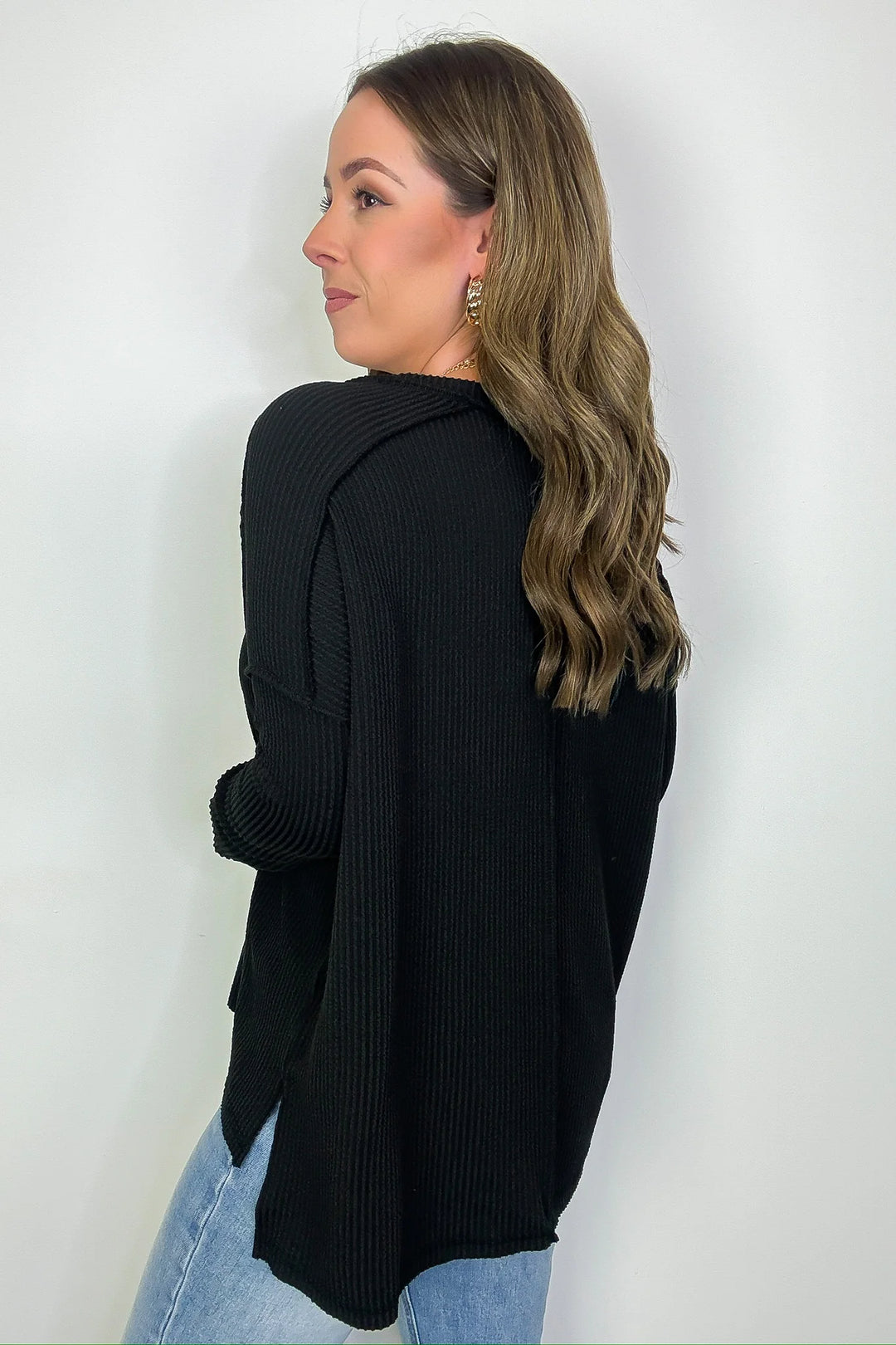 Zen Ribbed Long Sleeve Top (Black)