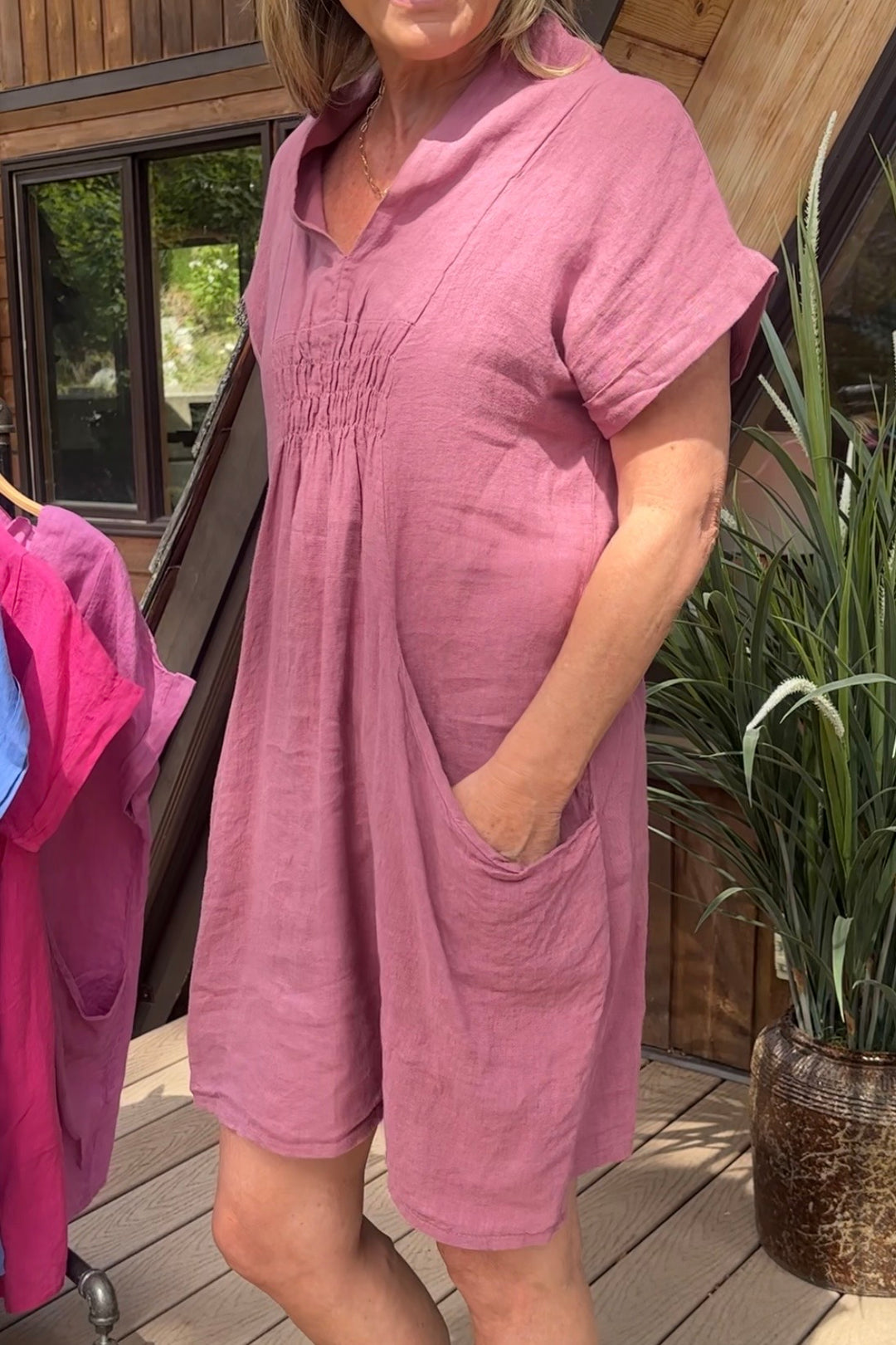 Meo Linen Pocket Dress (Dark Pink)