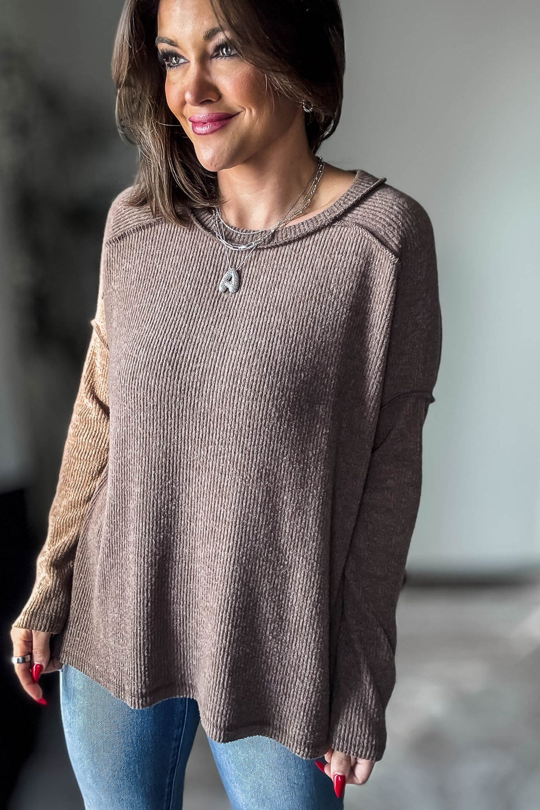 Zen Brushed High-Low Sweater (Brown)