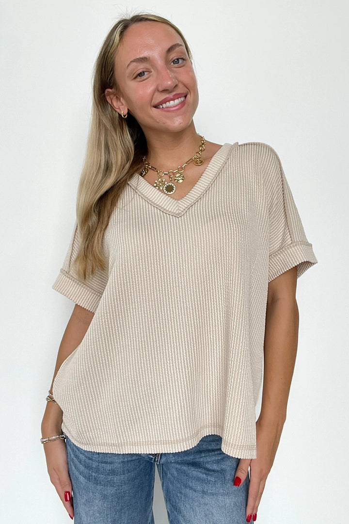 Zen Rib V Neck Hi-Low Tee (Sand Beige)