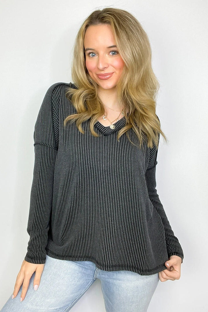 Zen Ribbed Long Sleeve Top (Charcoal)
