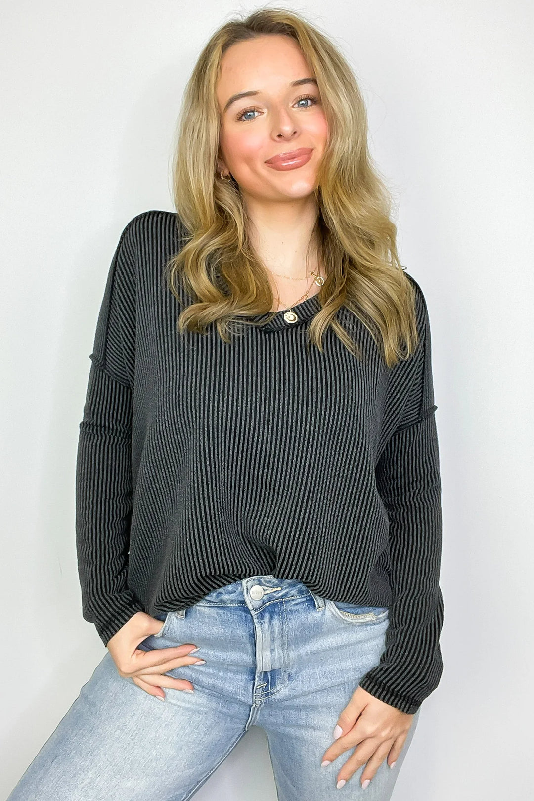 Zen Ribbed Long Sleeve Top (Charcoal)