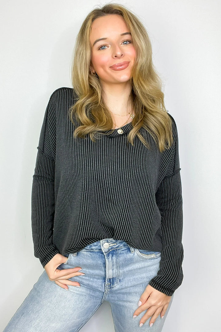 Zen Ribbed Long Sleeve Top (Charcoal)