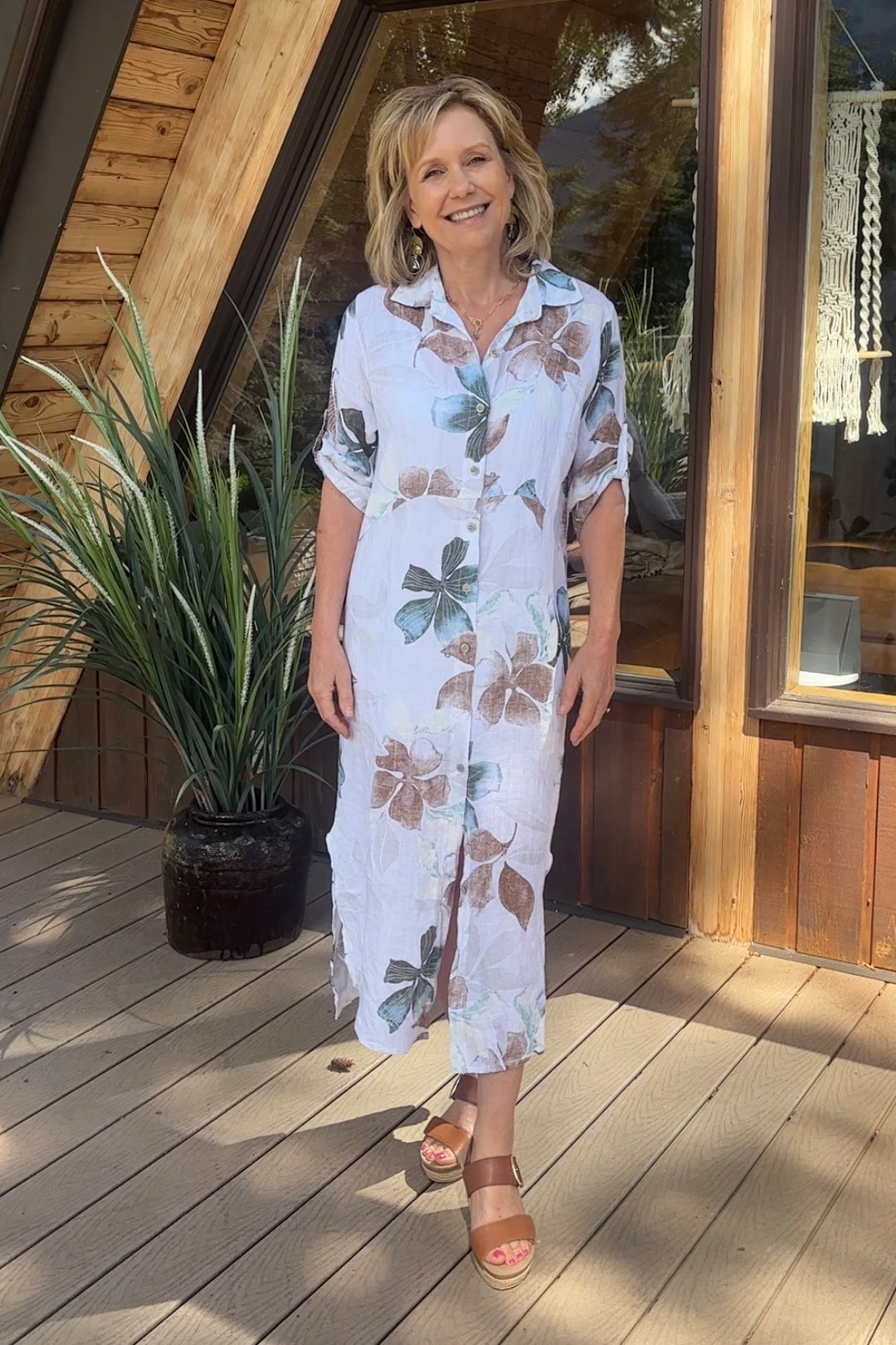 Meo Linen Foliage Cardigan Dress (White)