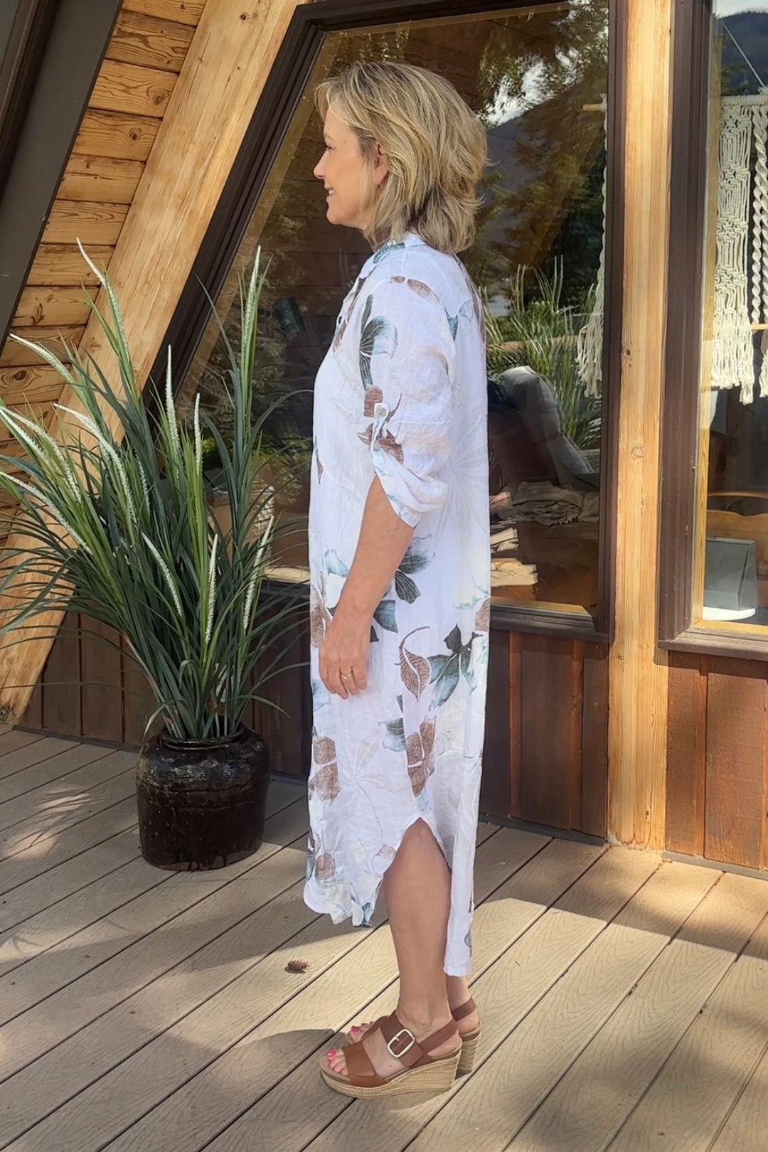 Meo Linen Foliage Cardigan Dress (White)
