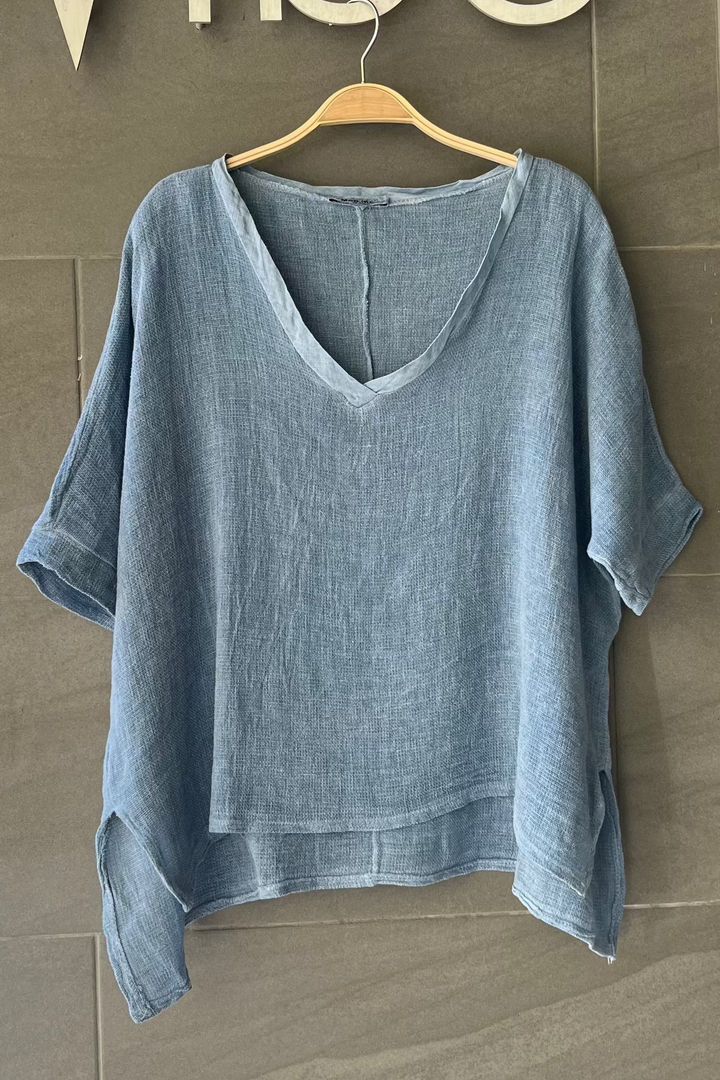 Meo Linen High-Low V Tee (Denim)