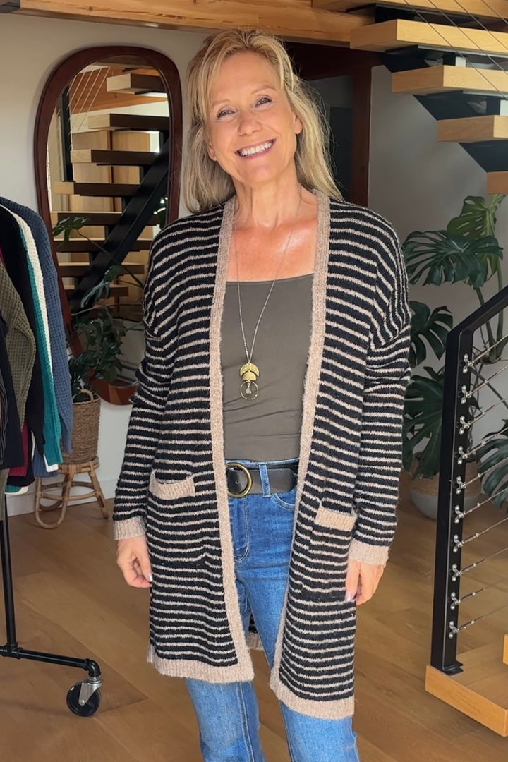 My Cozy Striped Midi Cardigan (Taupe/Black)