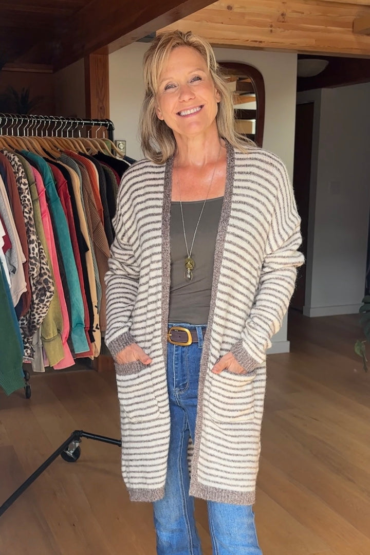 My Cozy Striped Midi Cardigan (Mocha/Beige)