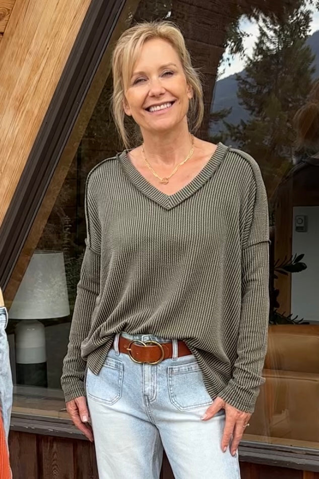 Zen Ribbed Long Sleeve Top (Dark Olive)