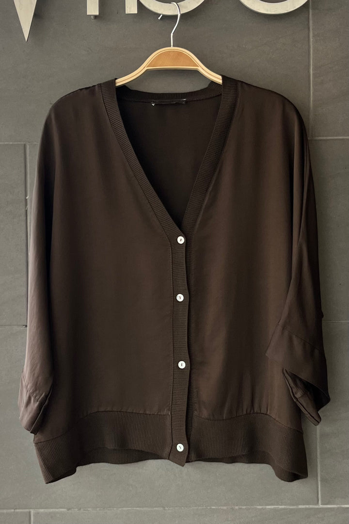 Meo Satin Button Cardi (Dark Brown)