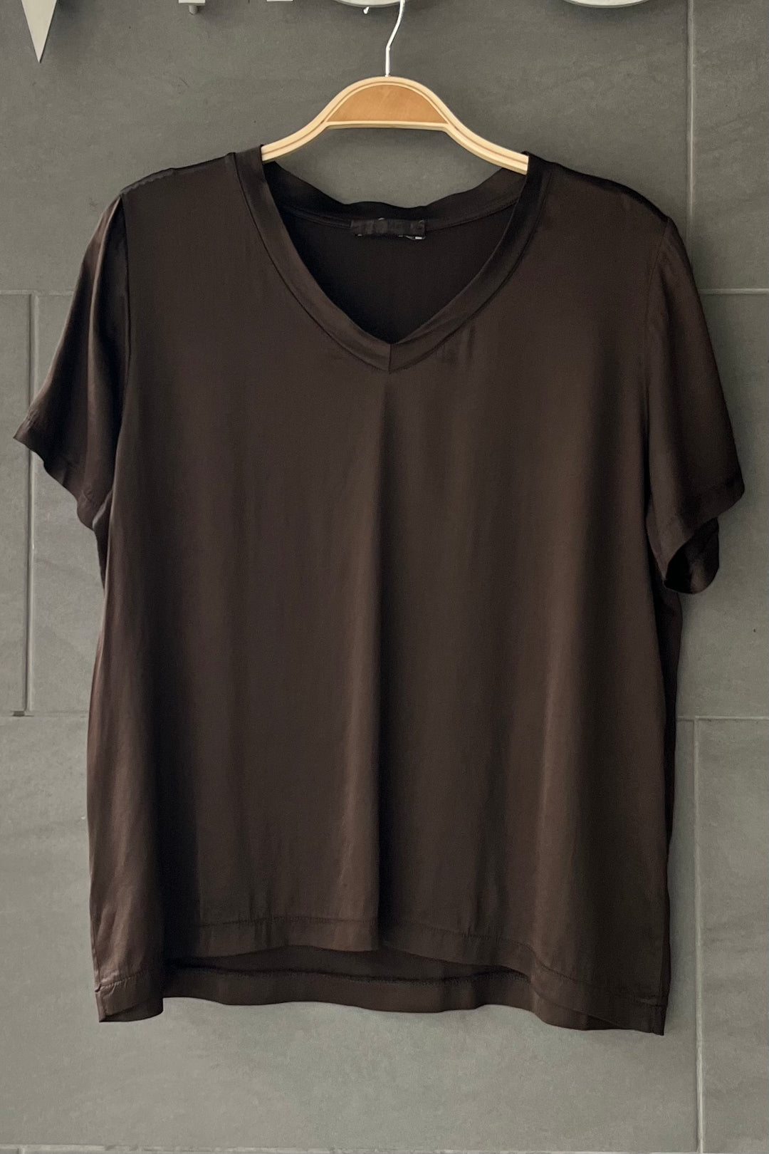 Meo Satin V Neck Tee (Dark Brown)
