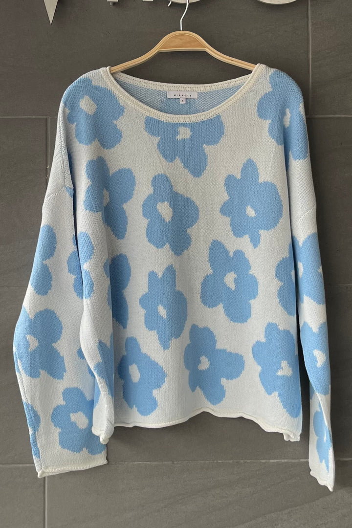 My Cozy Floral Cotton Sweater (Blue)