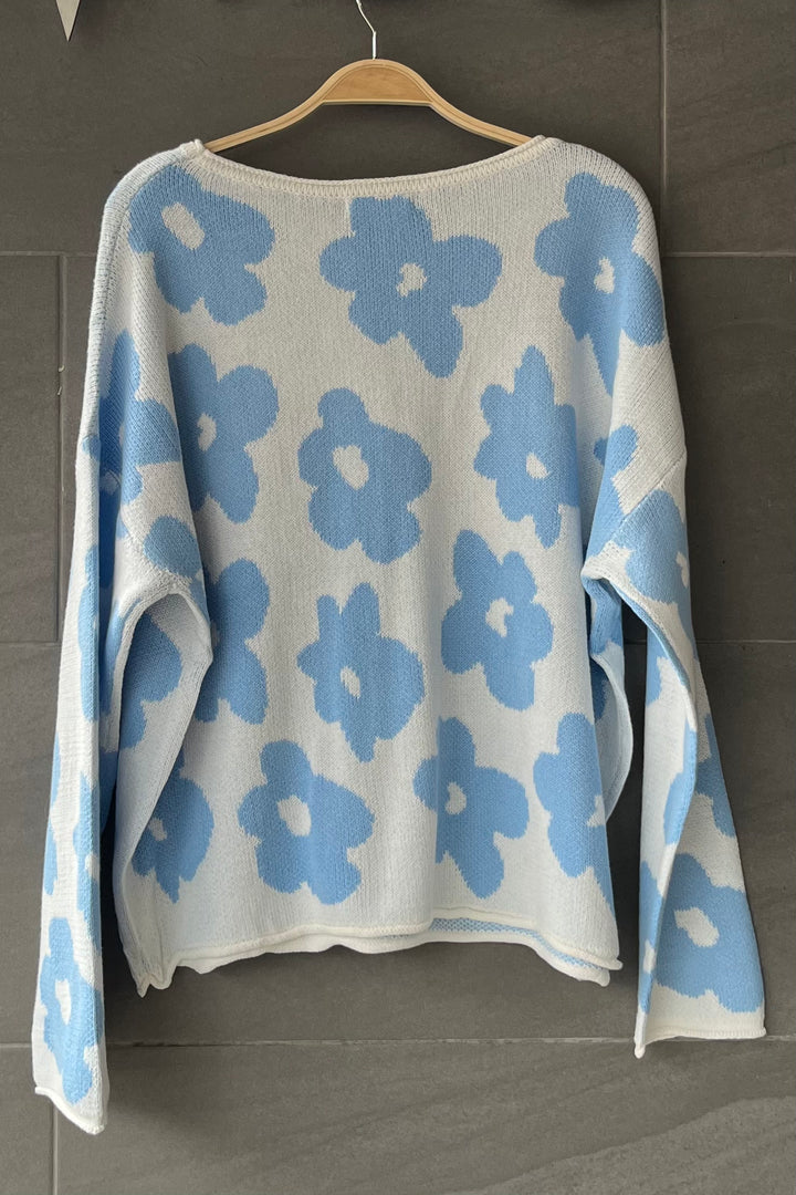 My Cozy Floral Cotton Sweater (Blue)