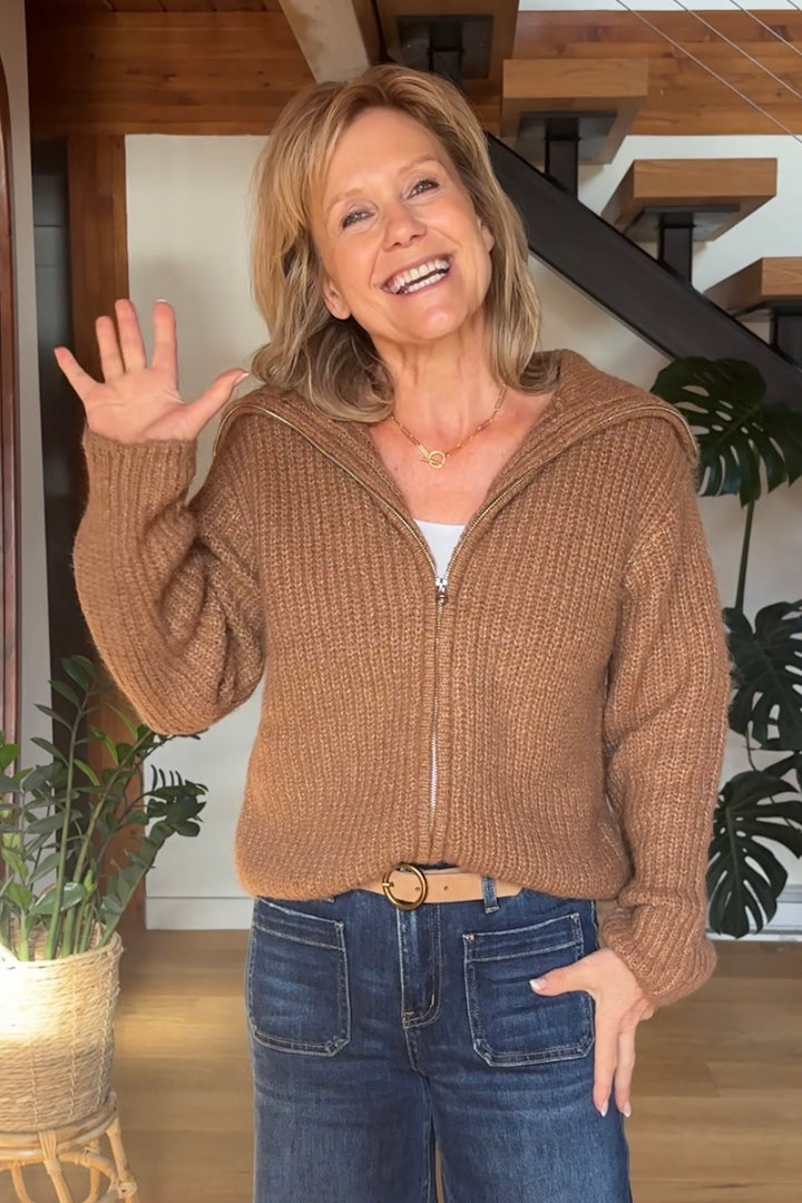 Zen Soft Hug Zip-Up Sweater (Deep Camel)